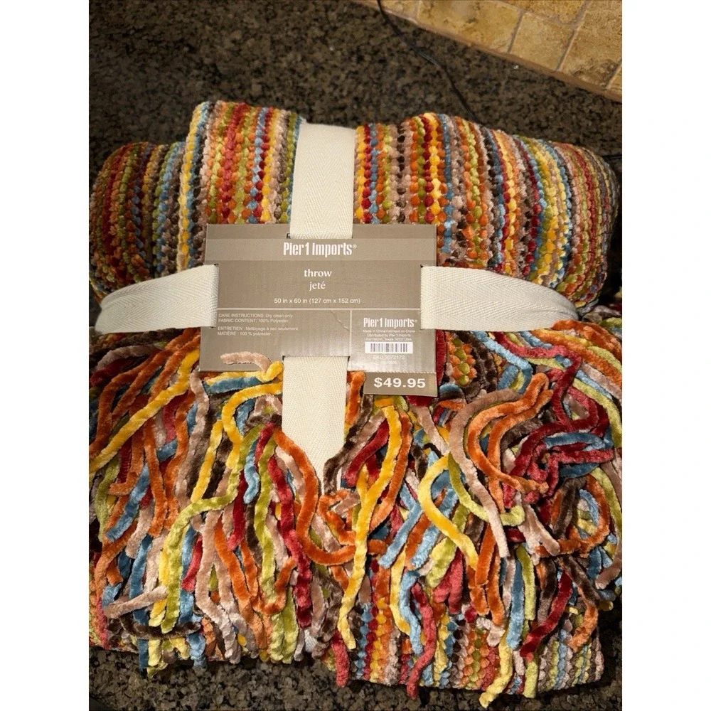NWT * Pier 1 'JETE' THROW * Chenille Braided Striped Fringe * 50 x 60